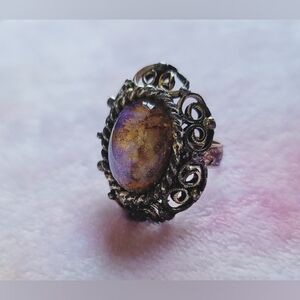 Vintage Confetti Glass Ring – Ornate Brass Filigree – Boho Baroque Statement